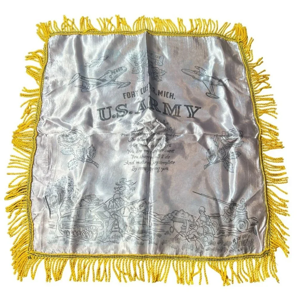 Vintage  Retro U.S. Army Fort Custer Pillow Cover Wife With Poem & Yellow Fringe
